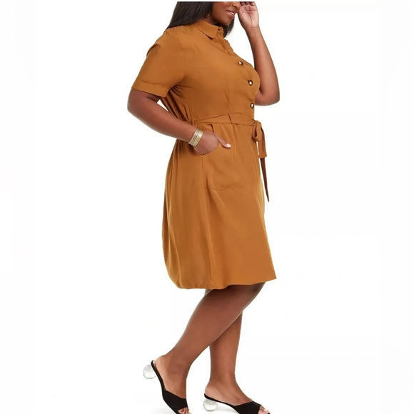 Monteau Women's Brown Rayon Shirt Dress with Tie Waist and pockets Size L - Picture 2 of 16